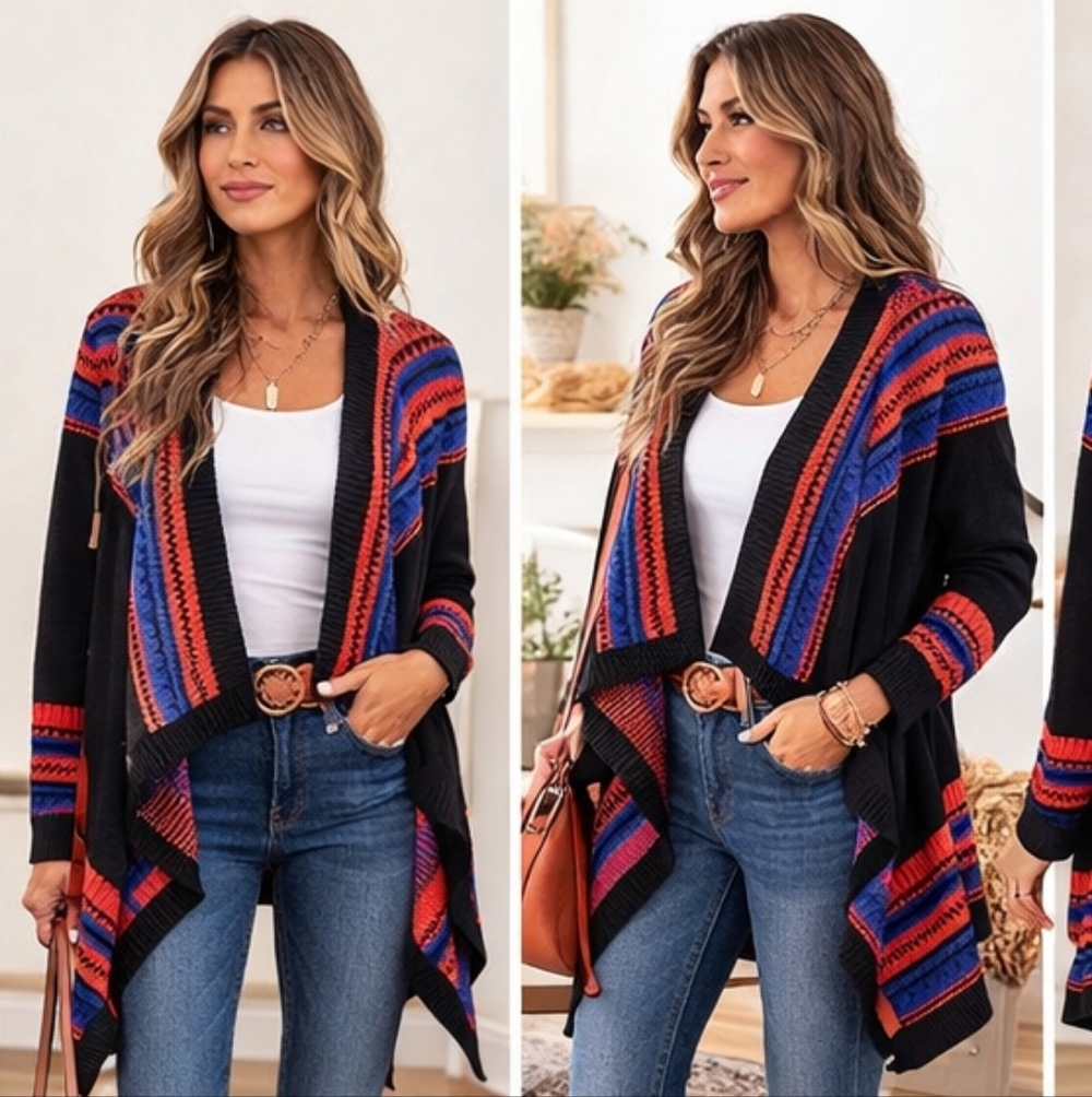 i Joah Mohair Blend Open Front Cardigan Size Large Black Blue Orange Drape
